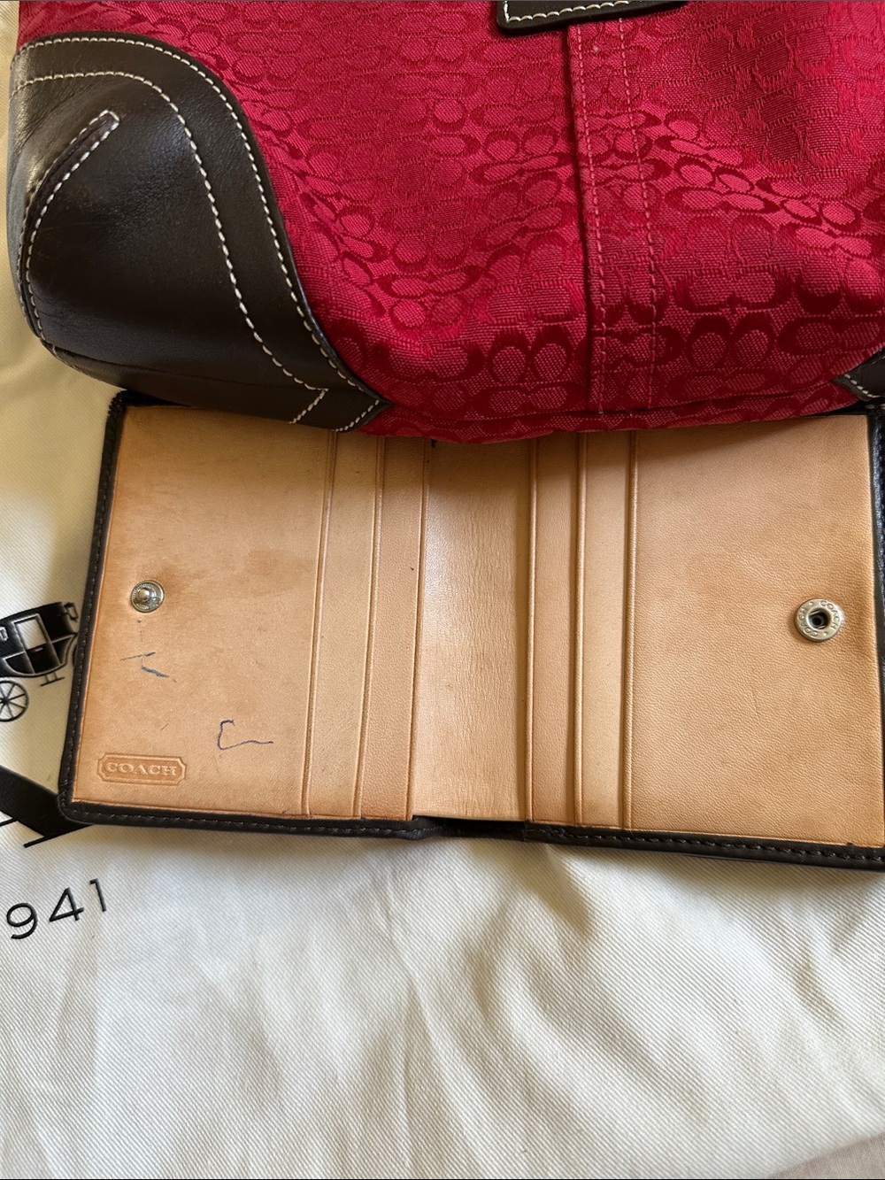 Coach Red Signature Canvas Shoulder Bag with Dark Brown Leather Trim - Picture 11 of 11